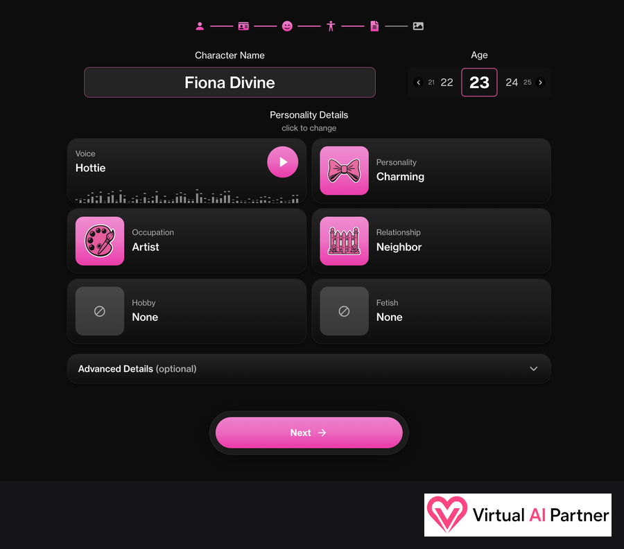 OurDream AI creator in English with name, age, voice, personality, occupation and relationship choices
