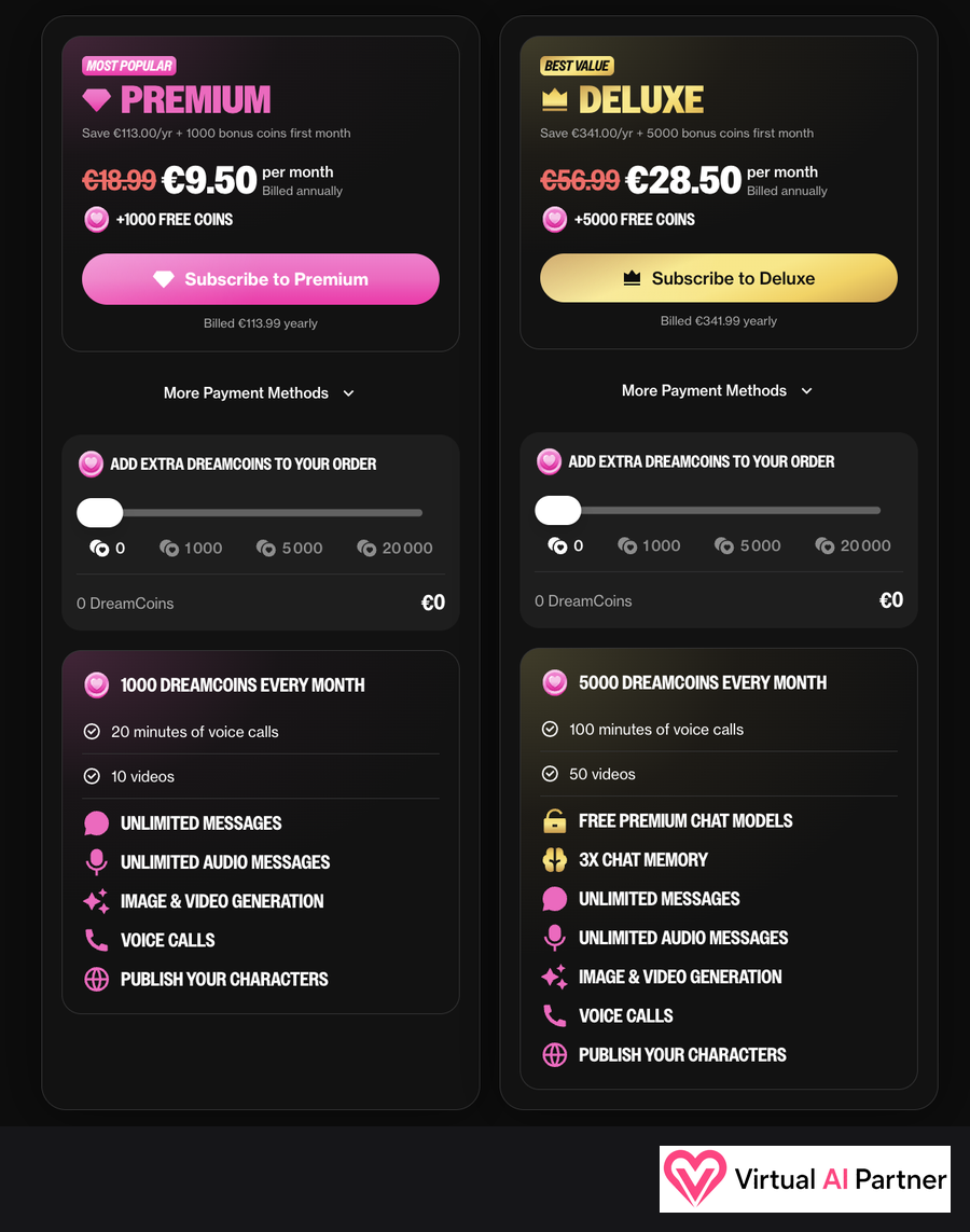 OurDream AI Premium and Deluxe annual offers in euros with DreamCoins, calls and videos included