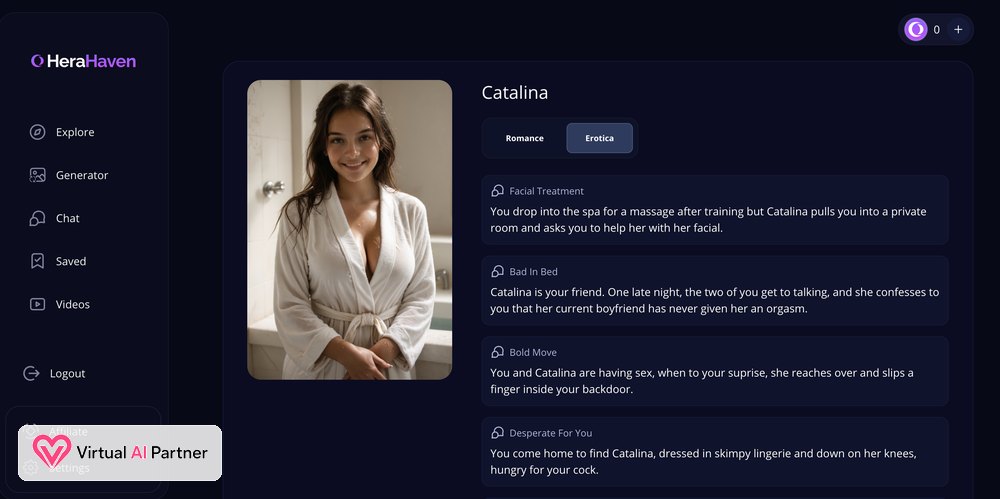 Explicit erotica scenario menu for Catalina in HeraHaven AI