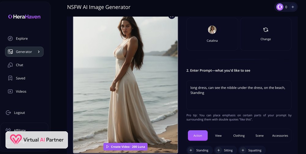 HeraHaven AI generated beach image of Catalina with a Create Video button costing 200 Luna