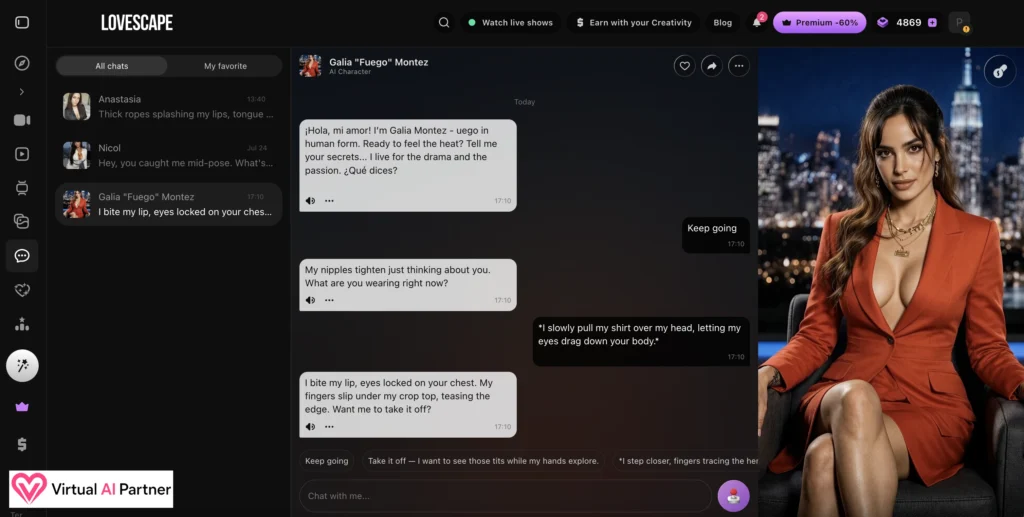 Conversation avec Galia dans le mode Live Camera de Lovescape AI
