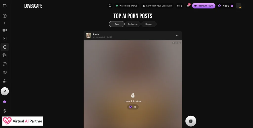 Feed communautaire de Lovescape AI avec une publication vidéo verrouillée