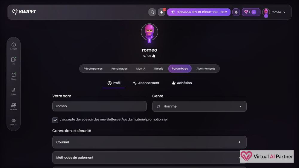 Opción de eliminación del perfil Swipey AI
