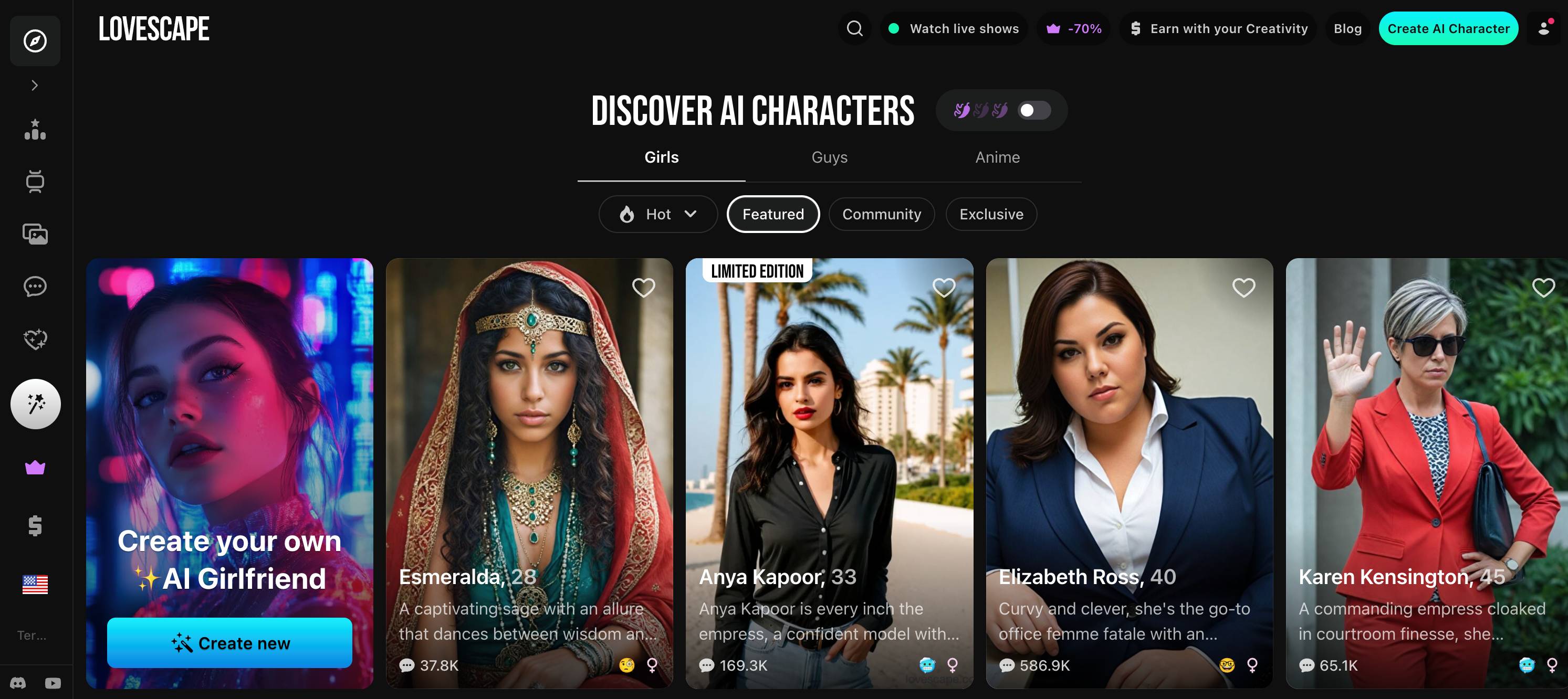 Personnages et interface de Lovescape AI