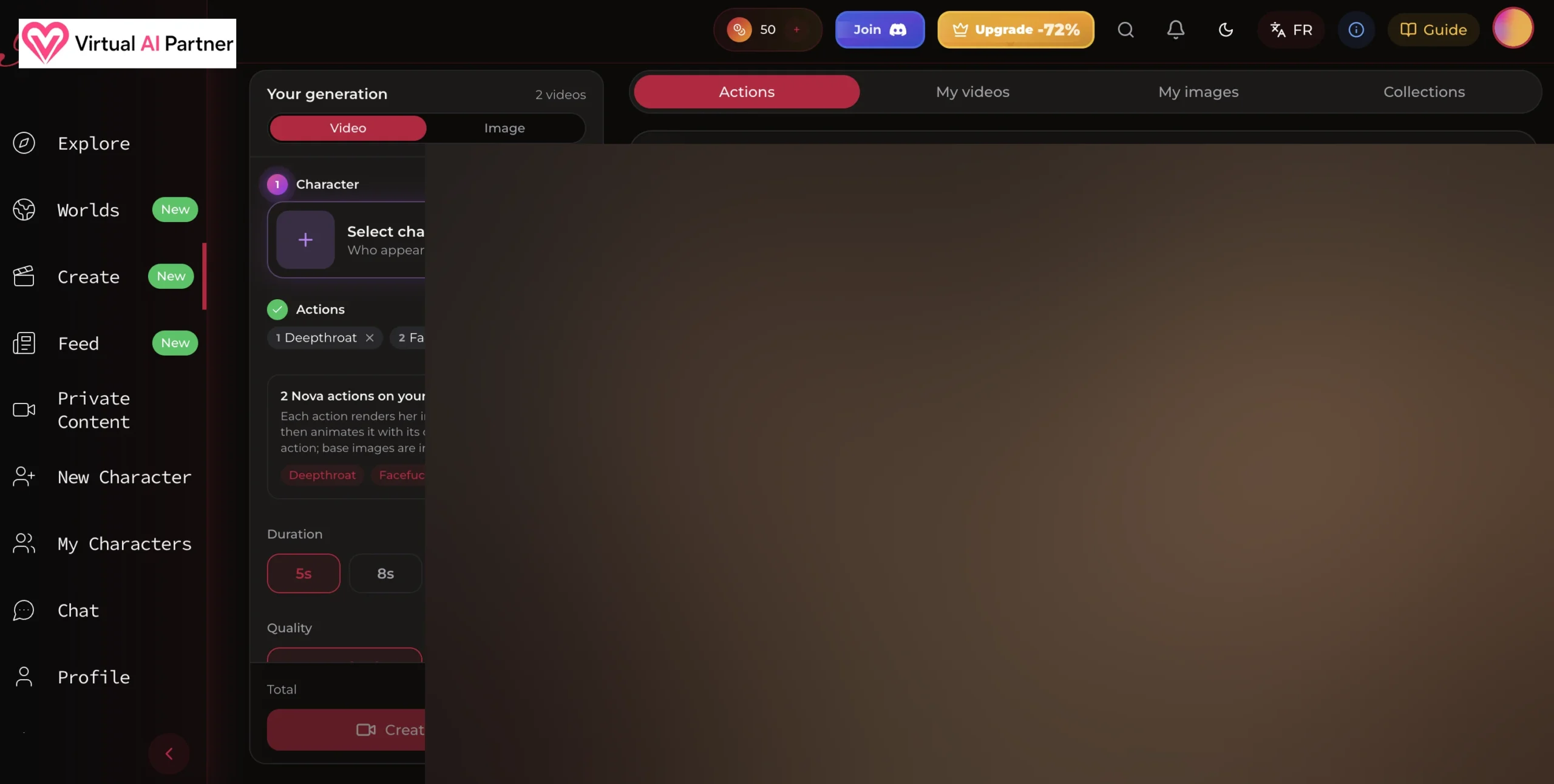Herramienta Create de Xotic AI con acciones, duración y calidad para vídeo; las miniaturas NSFW están difuminadas