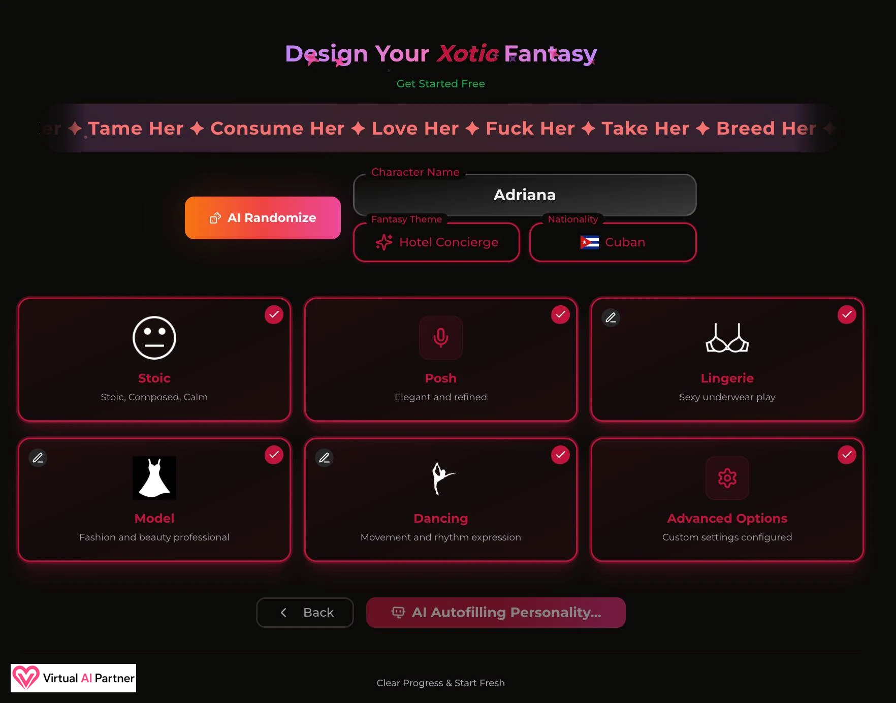 Creador de Xotic AI con el nombre Adriana, un tema y tarjetas de personalidad