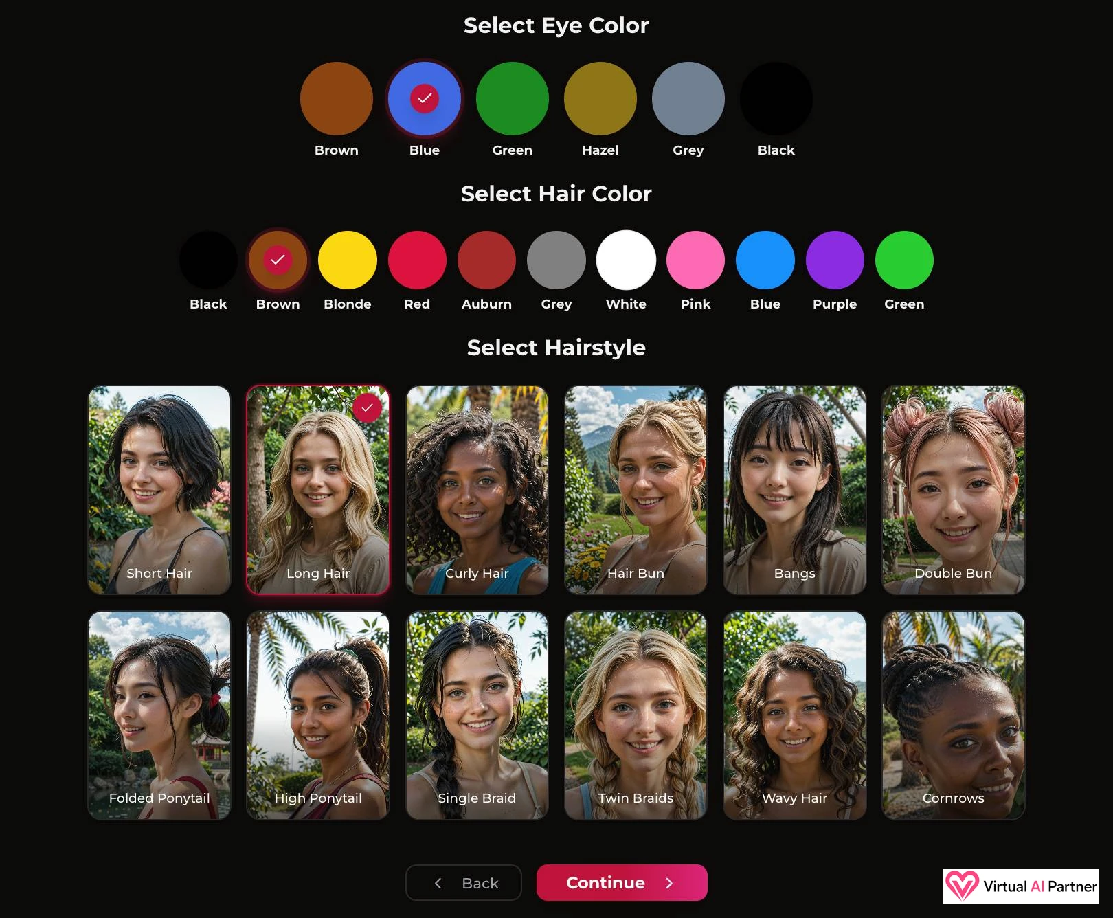 Creador de Xotic AI con elecciones de ojos, cabello y peinado
