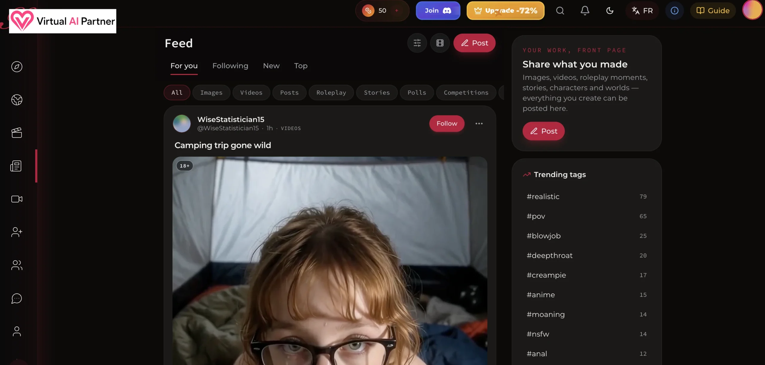 Feed comunitario de Xotic AI con filtros, categorías, publicación 18 plus y etiquetas en tendencia