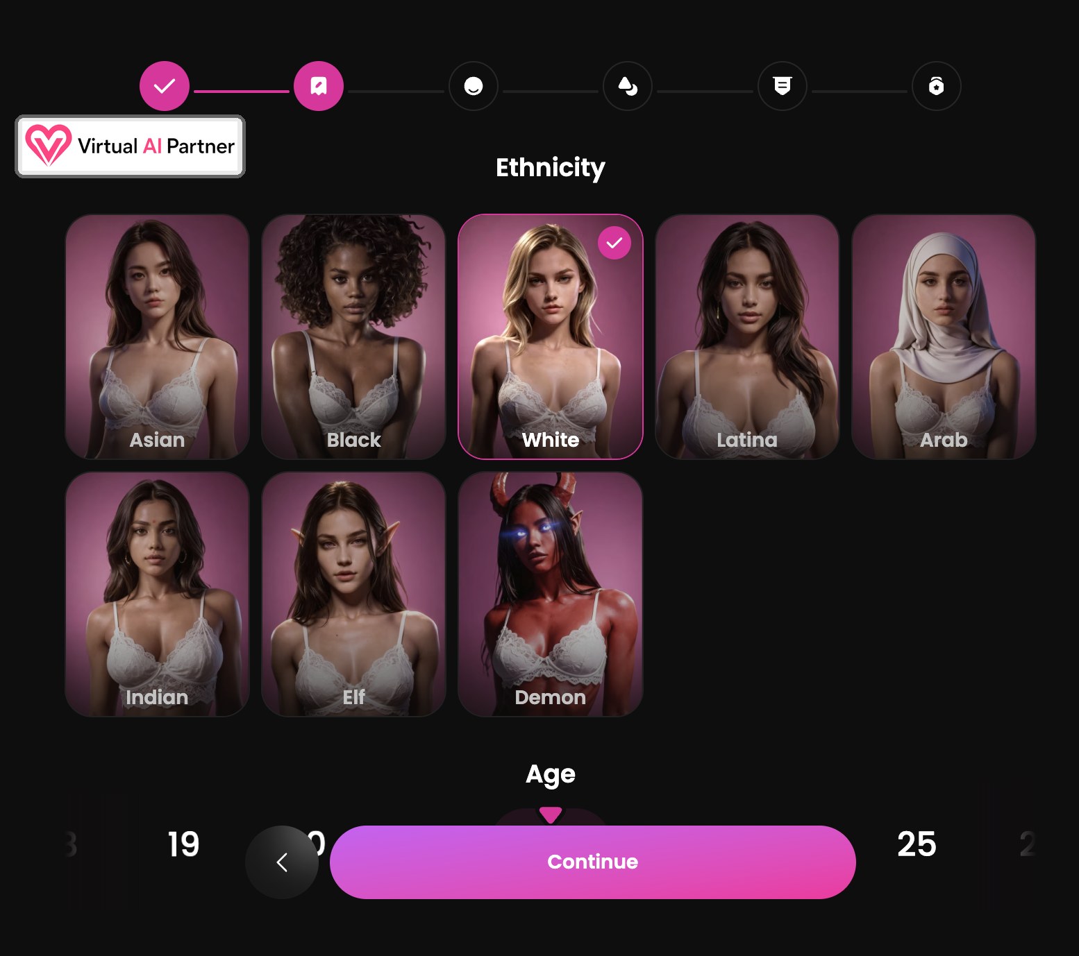 GoLove AI creator showing ethnicity choices and age selector