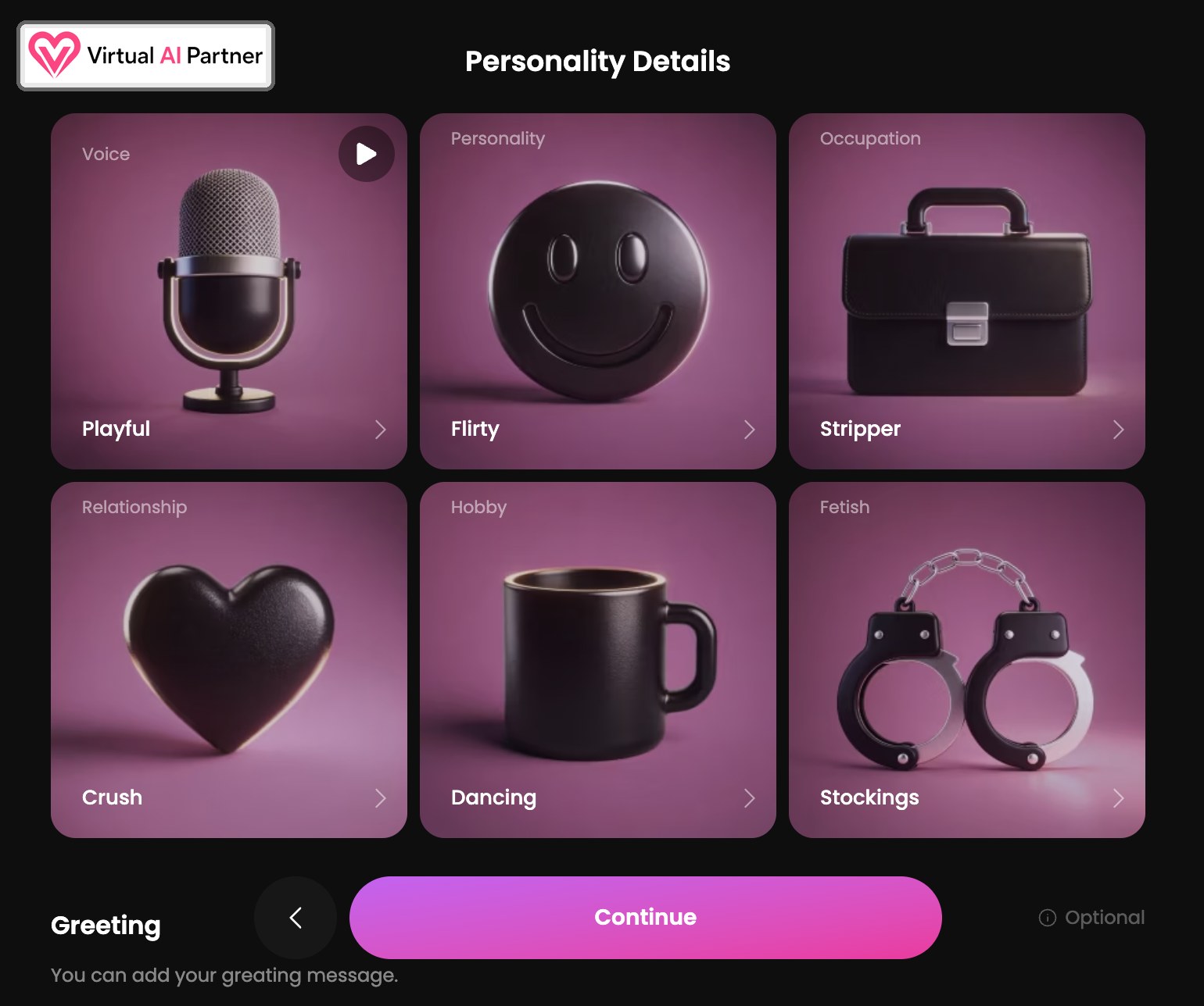 GoLove AI personality settings with voice, occupation, relationship, hobby and fetish