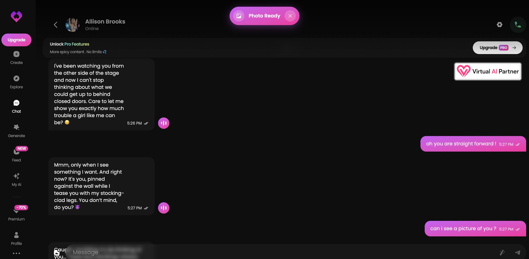 GoLove AI chat test with flirty messages, voice buttons and photo request