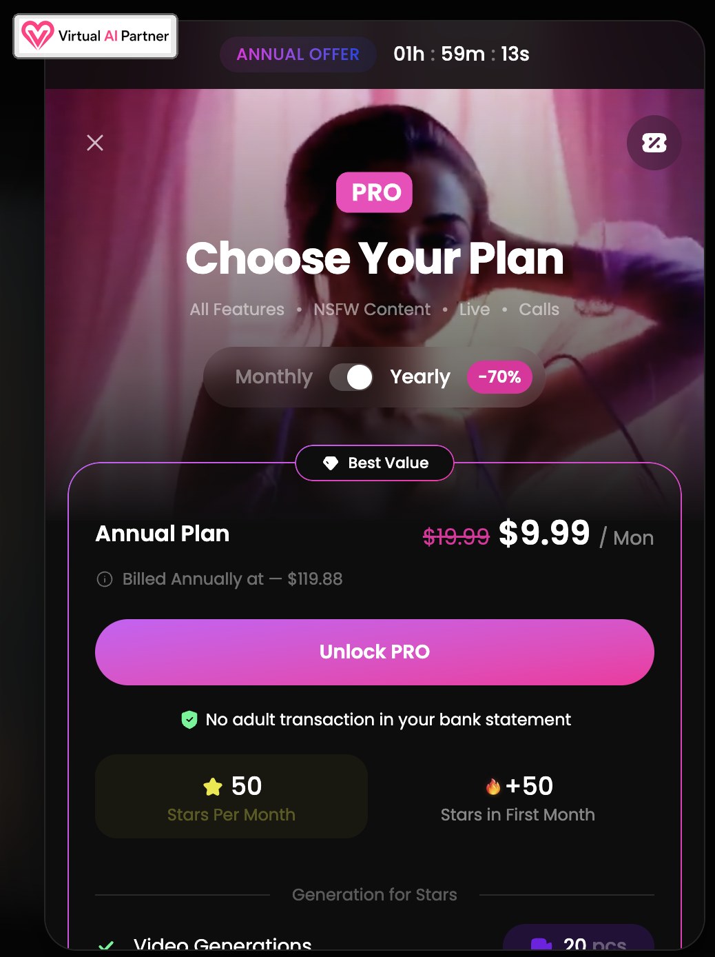 GoLove AI annual Pro plan at 9.99 dollars per month billed 119.88 dollars yearly
