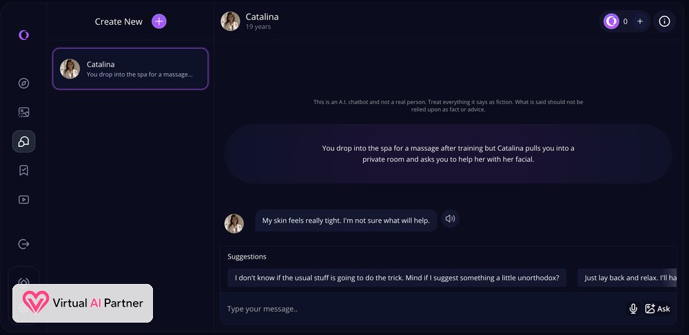 Chat de HeraHaven AI con Catalina, respuestas sugeridas, lectura de voz, micrófono y solicitud de imagen