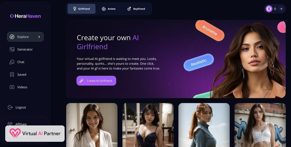Página de inicio de HeraHaven AI con las categorías de novia realista, anime y novio virtual