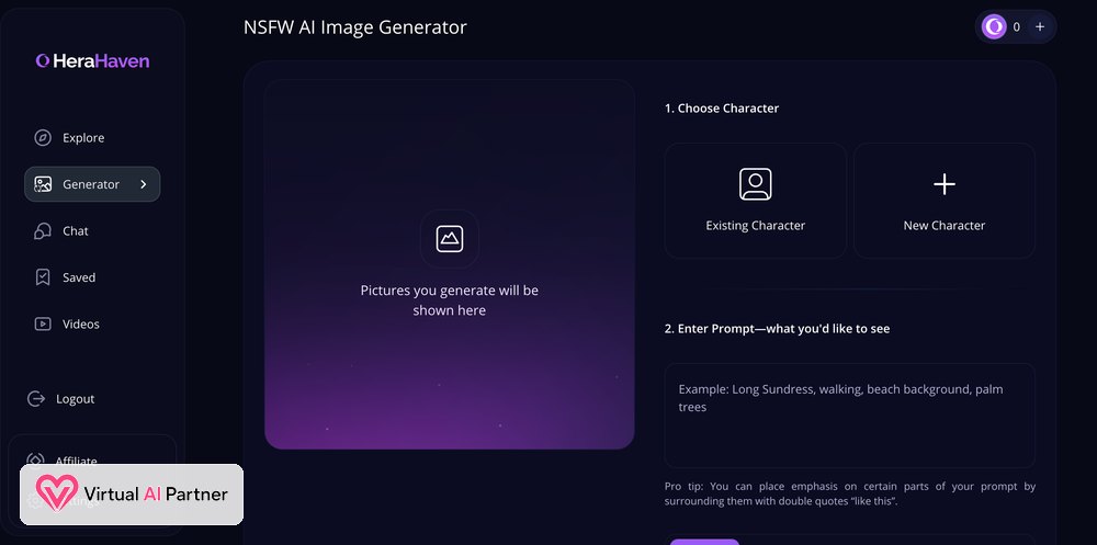 Generador de imágenes NSFW HeraHaven AI con selección del personaje prompt y ajustes