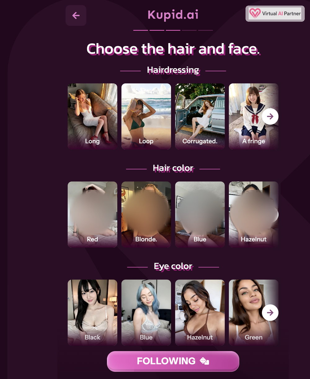 Pantalla Kupid IA para personalizar el peinado, el cabello y los ojos