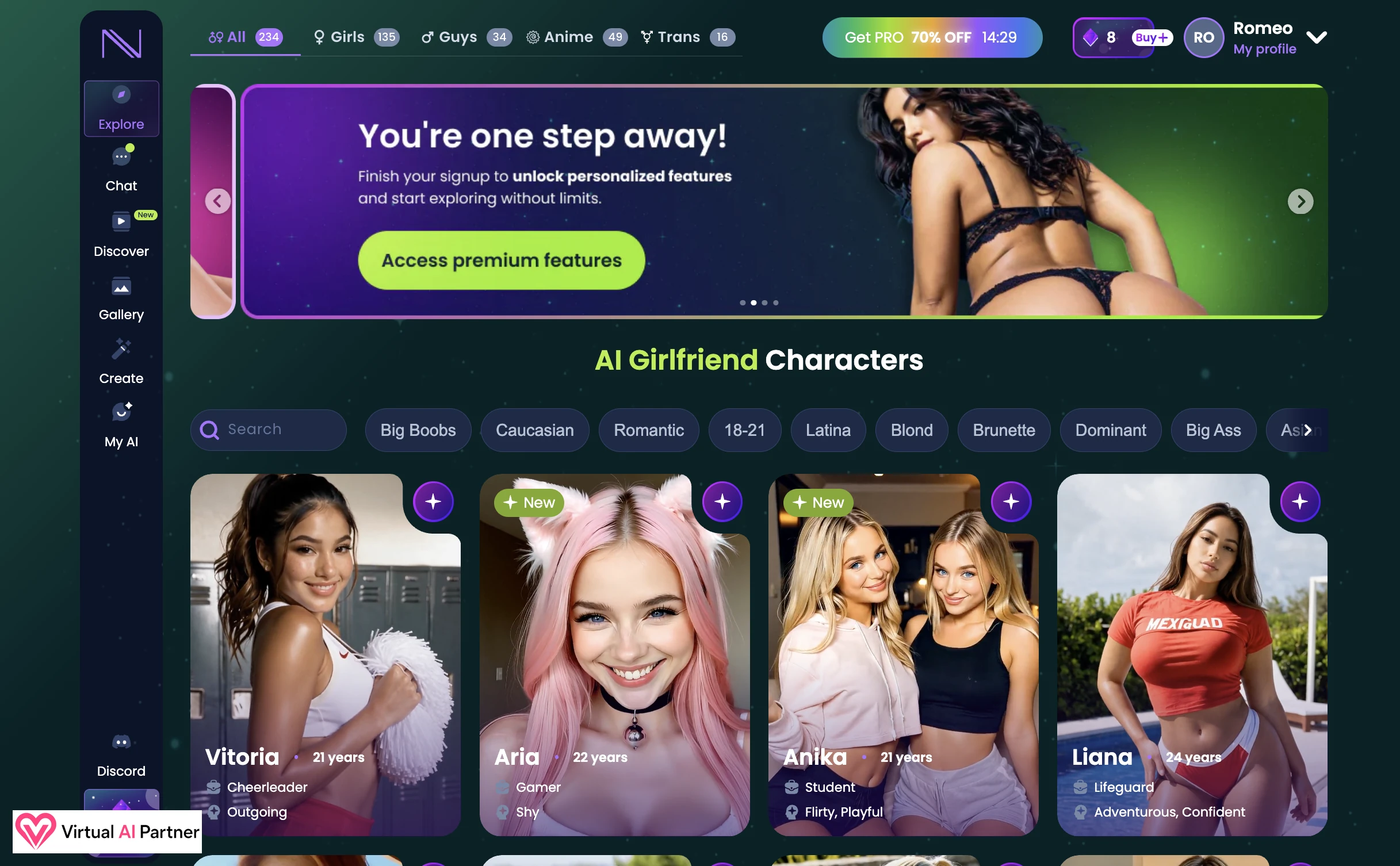 Infatuated AI homepage with character catalog and green-and-purple design