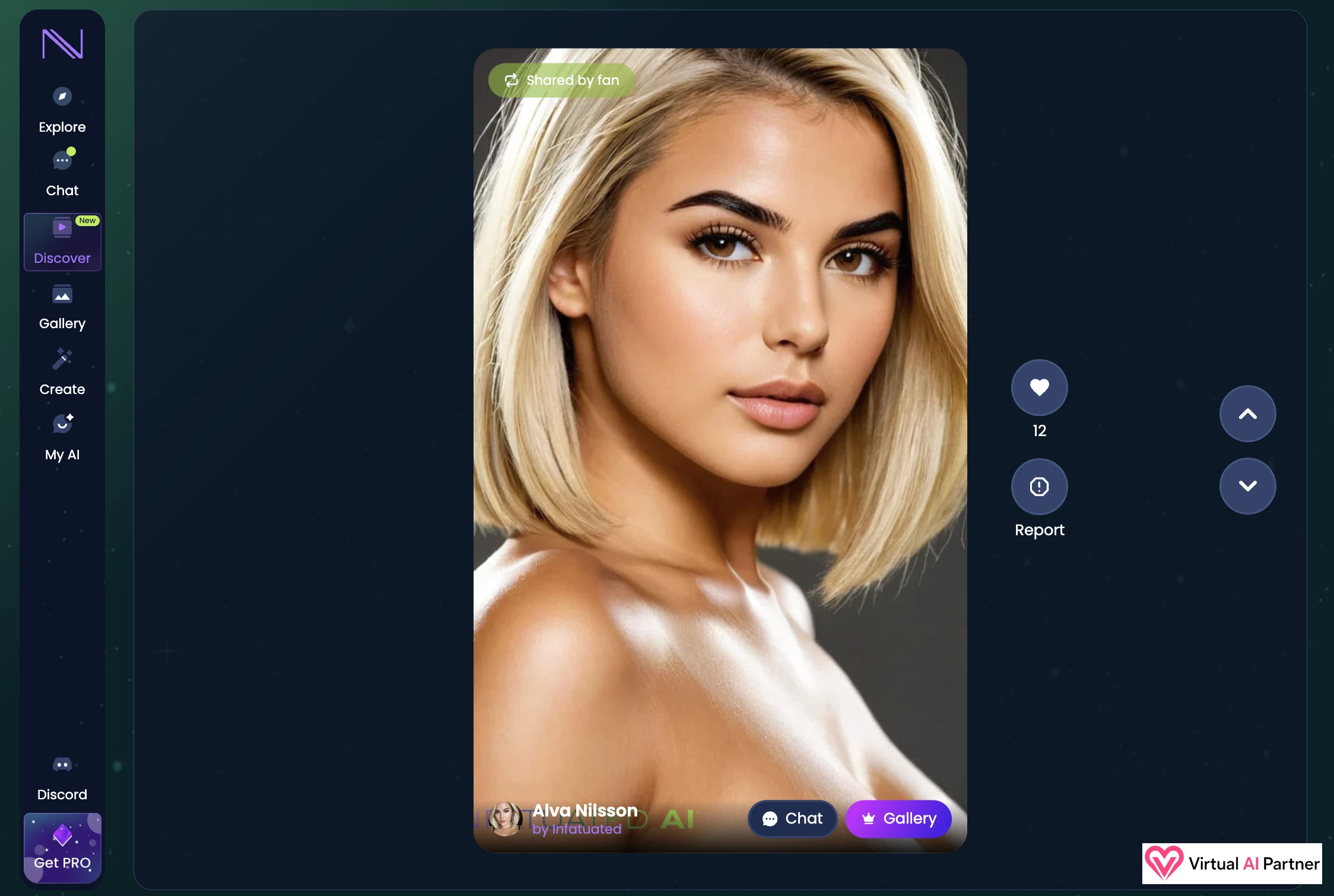 Infatuated AI Discover feed with a character photo and chat and gallery buttons
