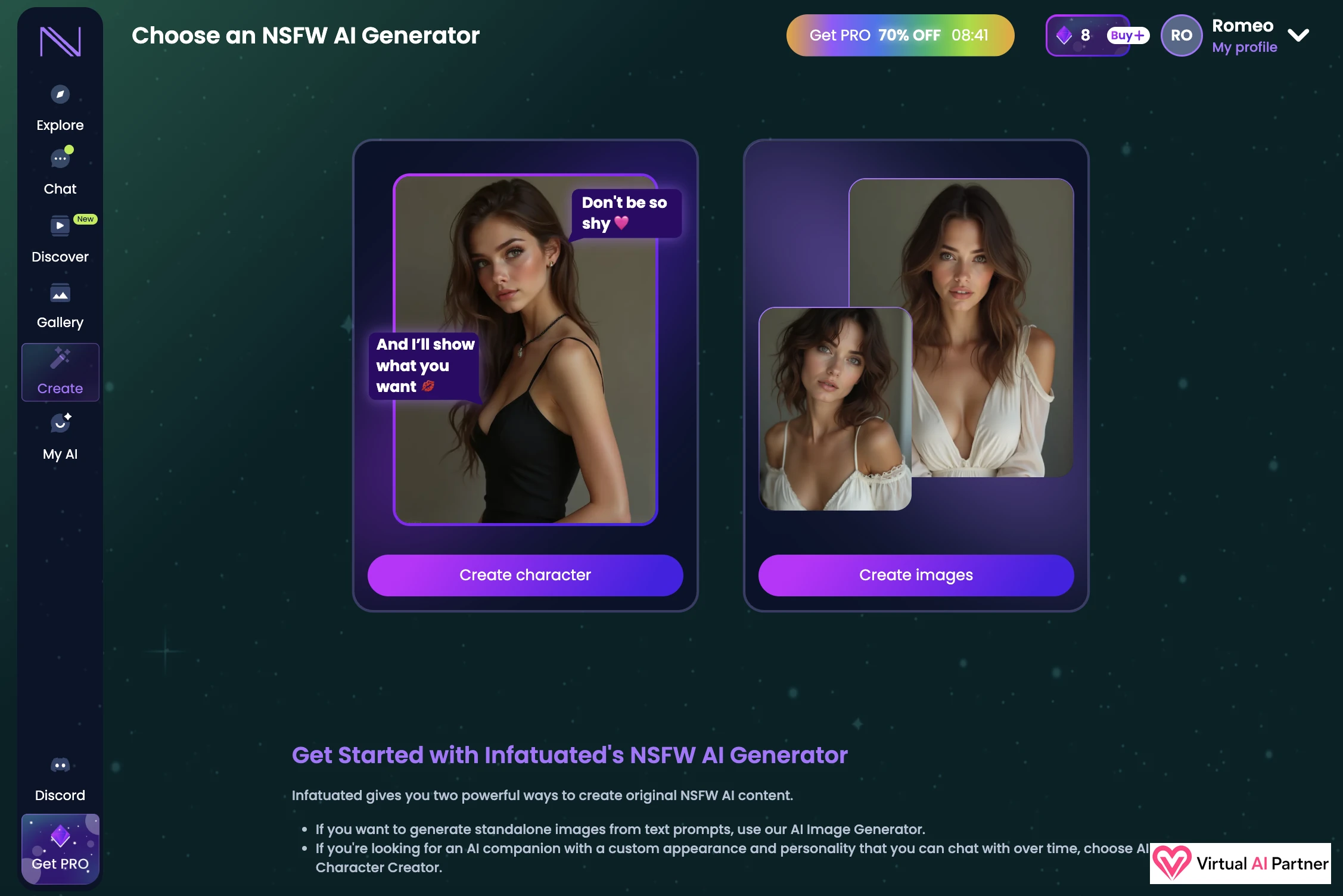 Choice between creating a character and generating images on Infatuated AI