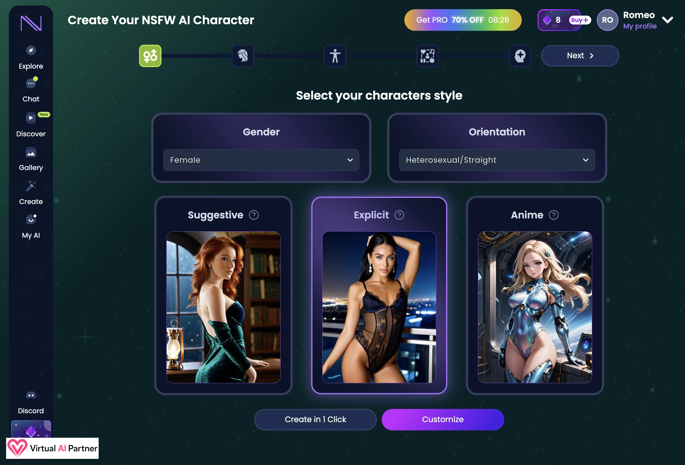 Infatuated AI character creator with Suggestive Explicit and Anime styles