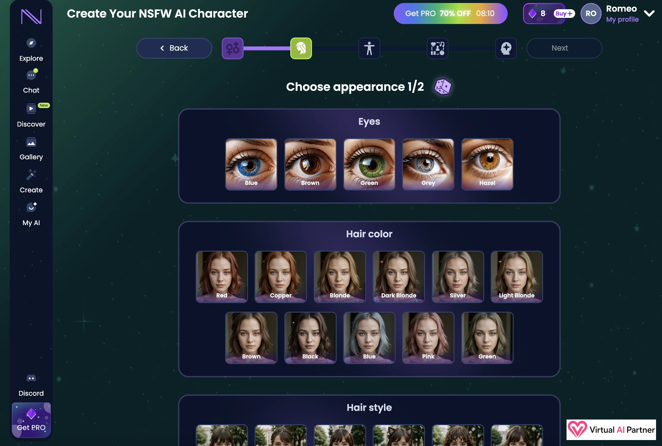 Eye hair and appearance customization in the Infatuated AI character creator