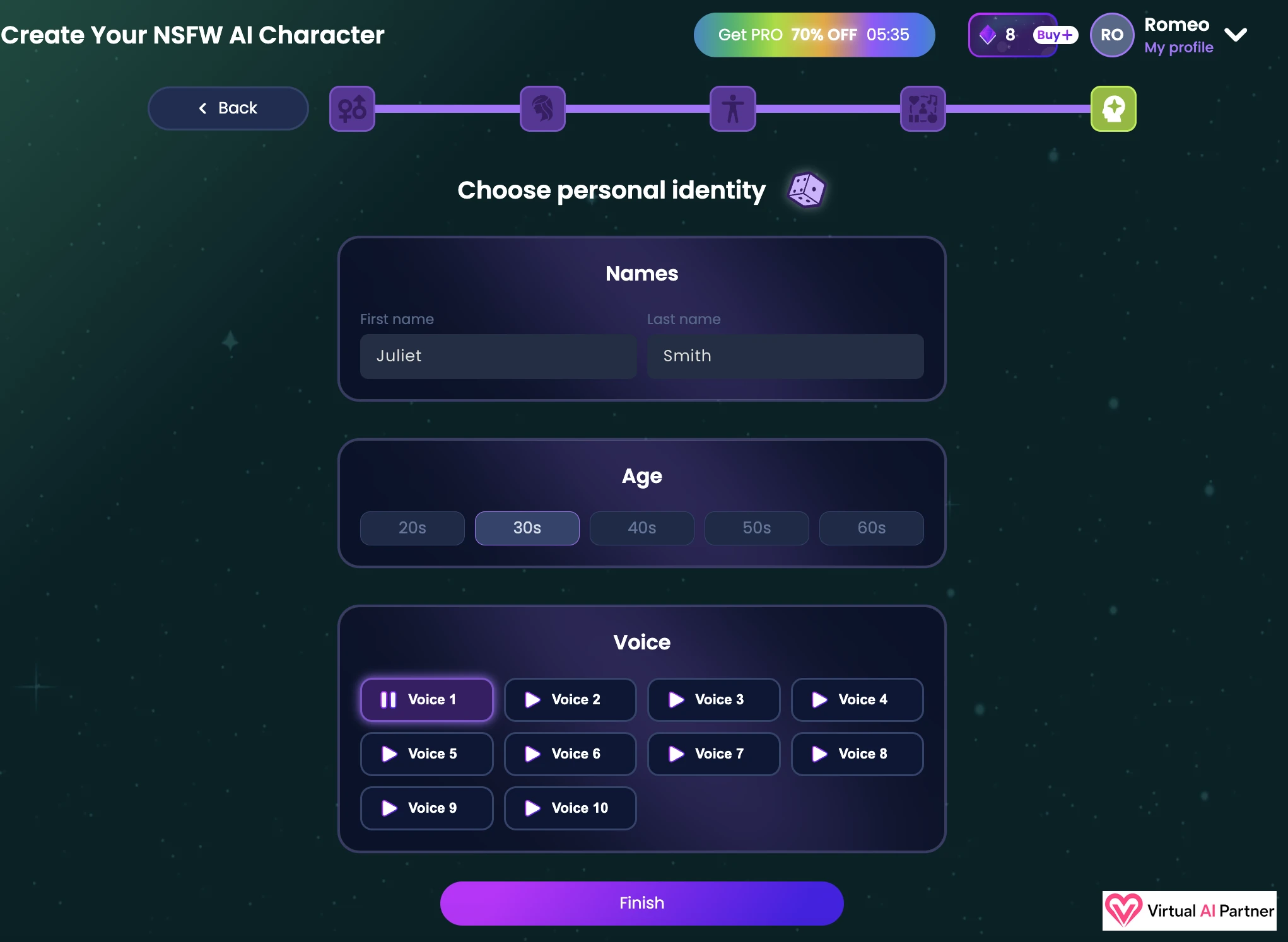 Name age and ten voice choices in the Infatuated AI character creator