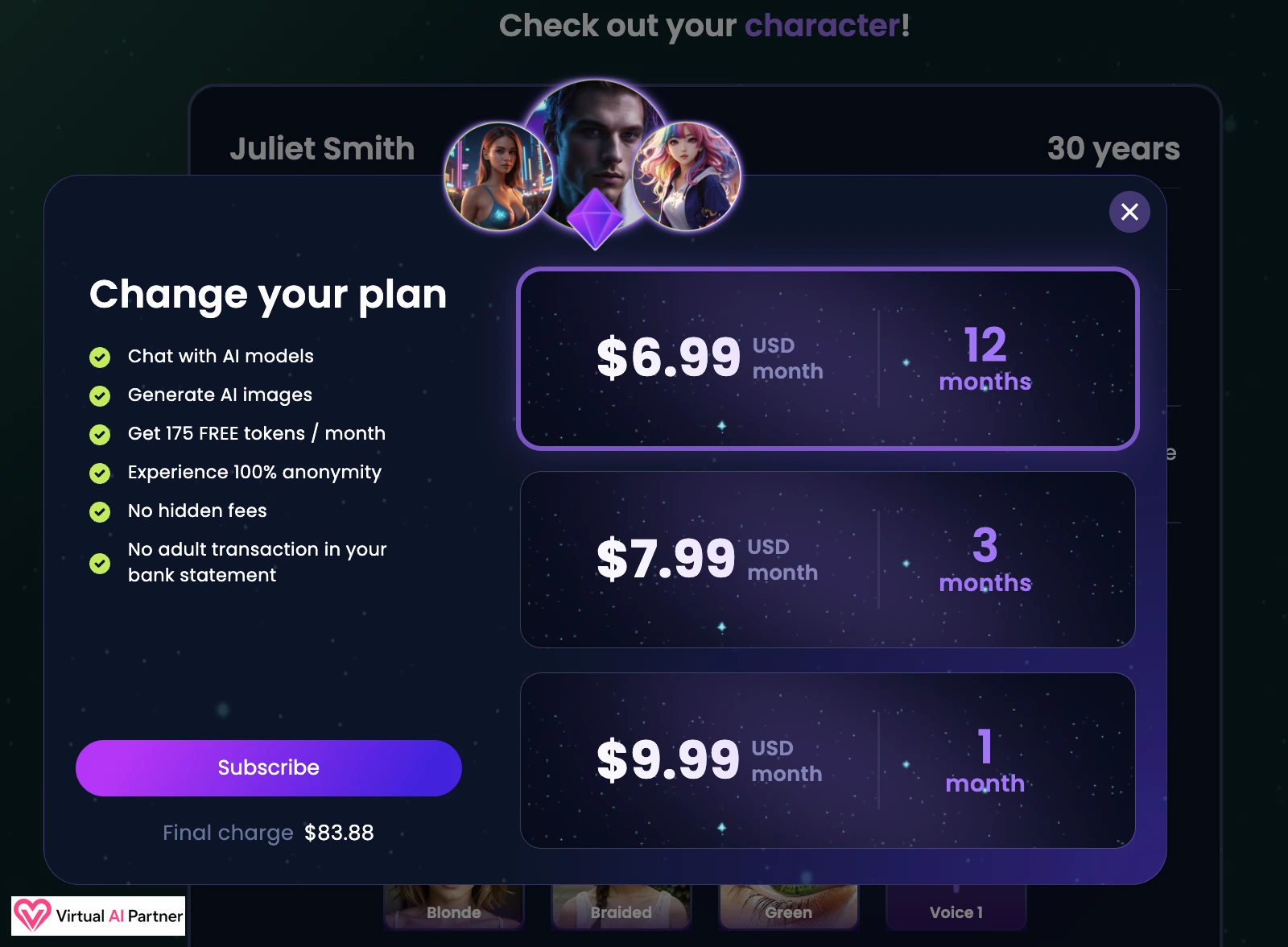 Infatuated AI pricing at $6.99 for twelve months $7.99 for three months and $9.99 for one month