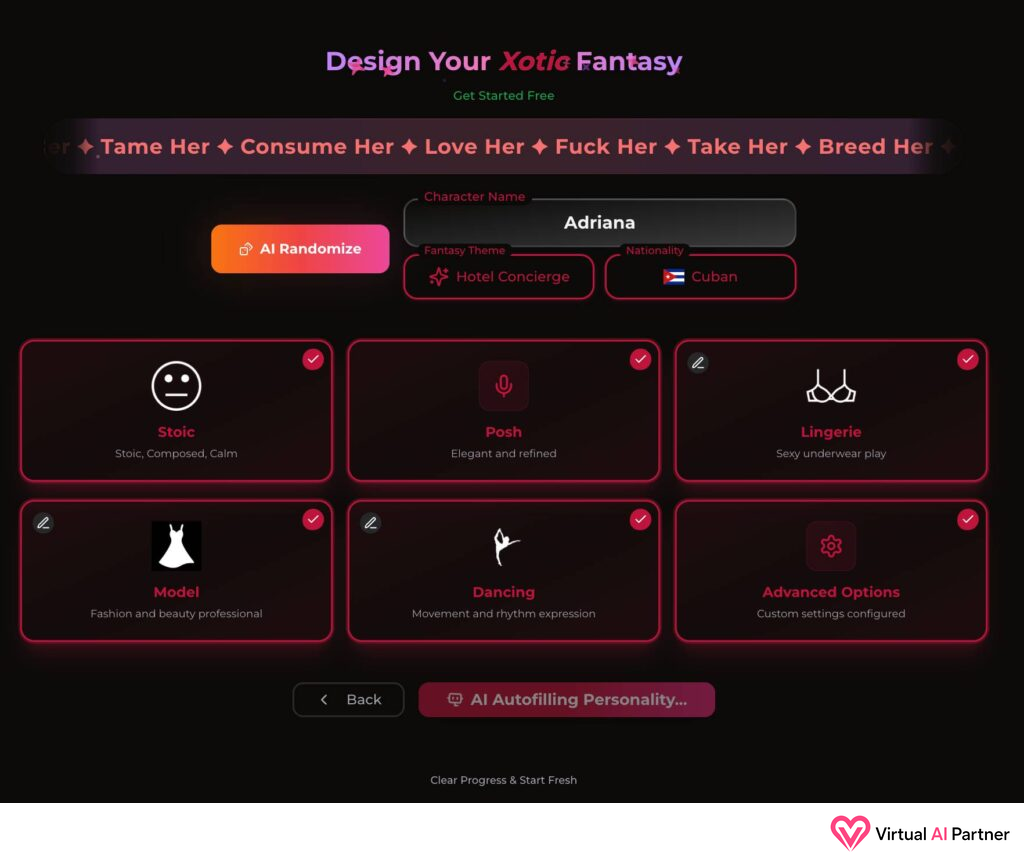 Configuración de la personalidad de Adriana en Xotic AI