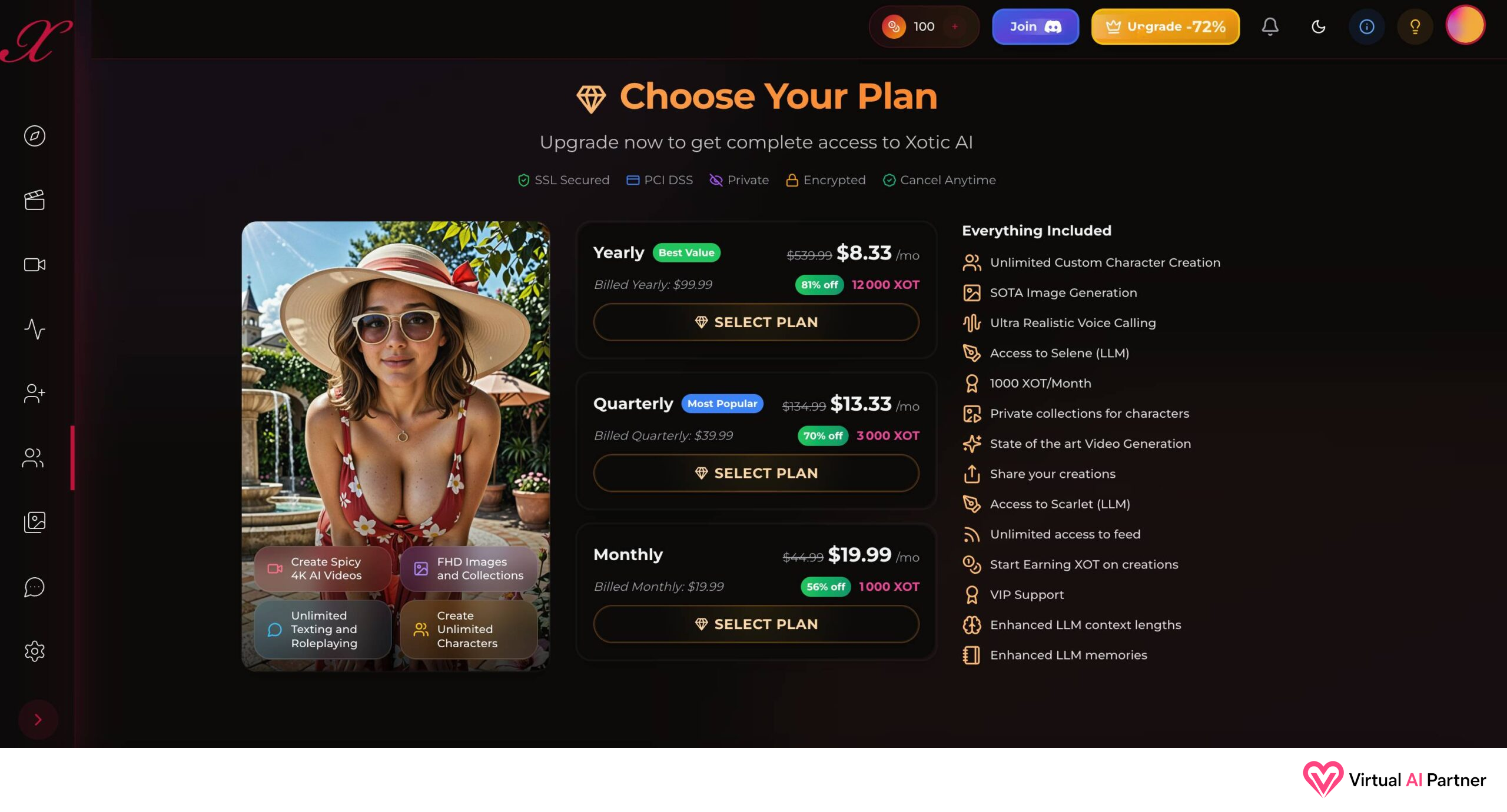 Precios y opciones de suscripción mostrados durante mi prueba de Xotic AI