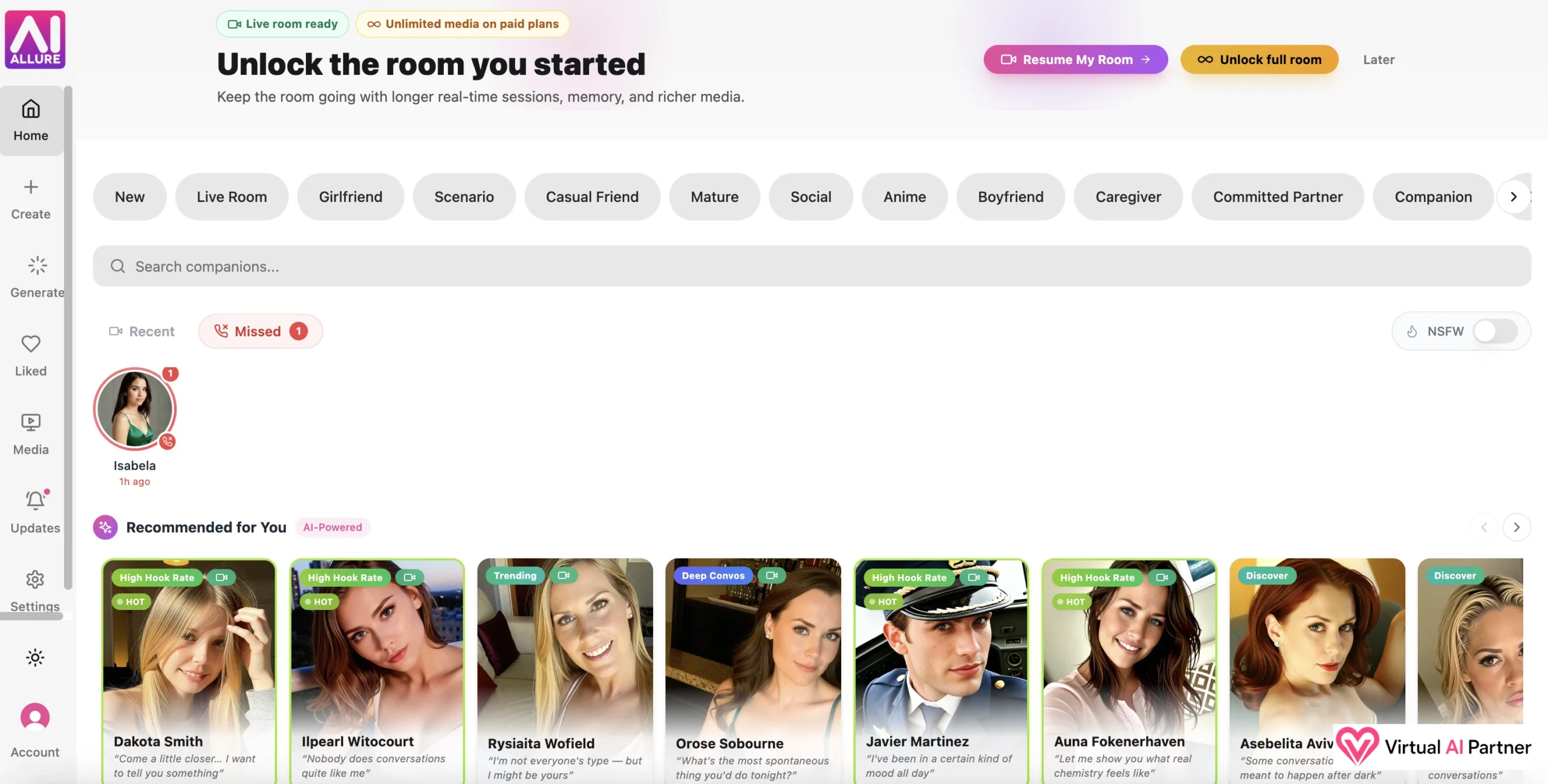 AI Allure white homepage with companion categories and recommended profiles
