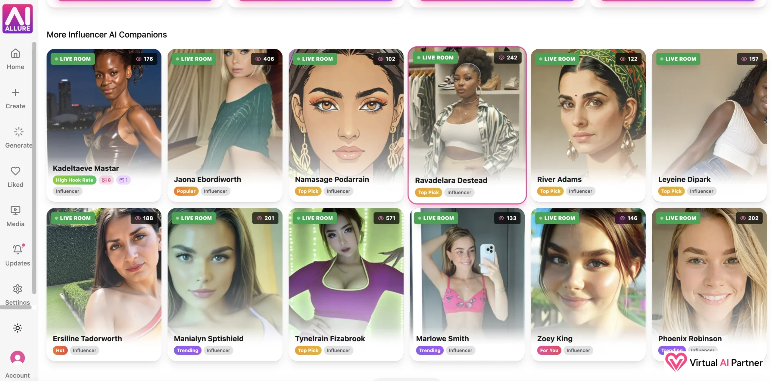 AI Allure catalog with many companions available in Live Rooms