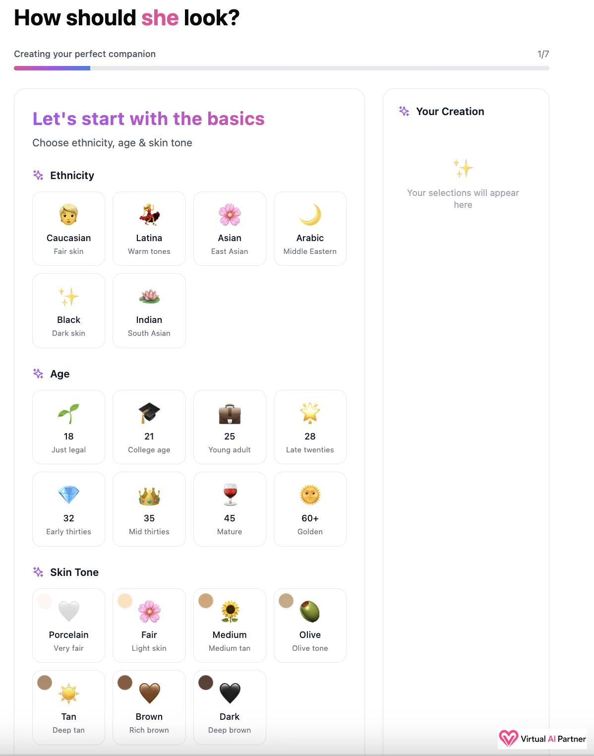 Detailed AI Allure builder with ethnicity age and skin tone choices