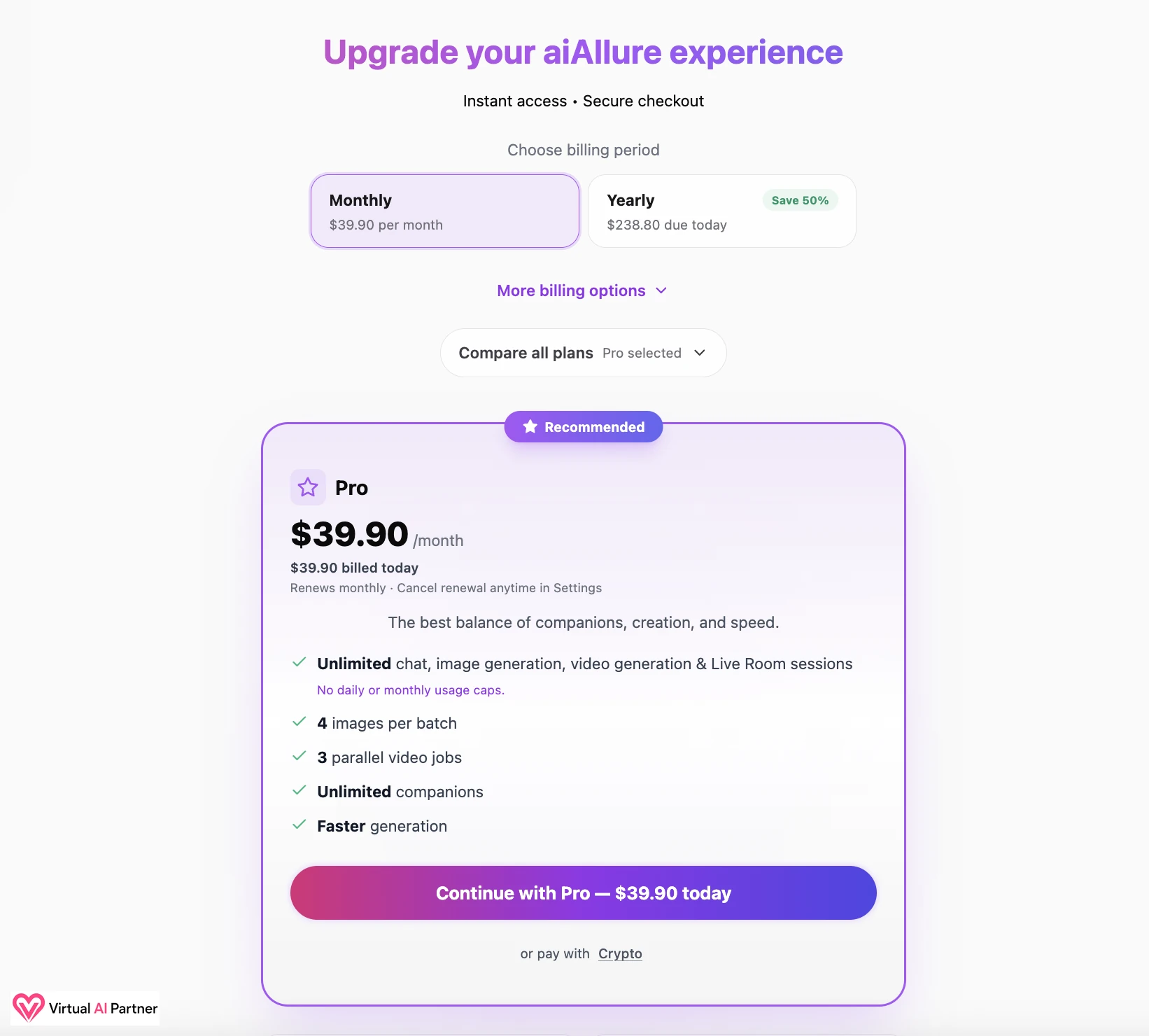 AI Allure Pro plan at 39.90 US dollars per month in August 2026