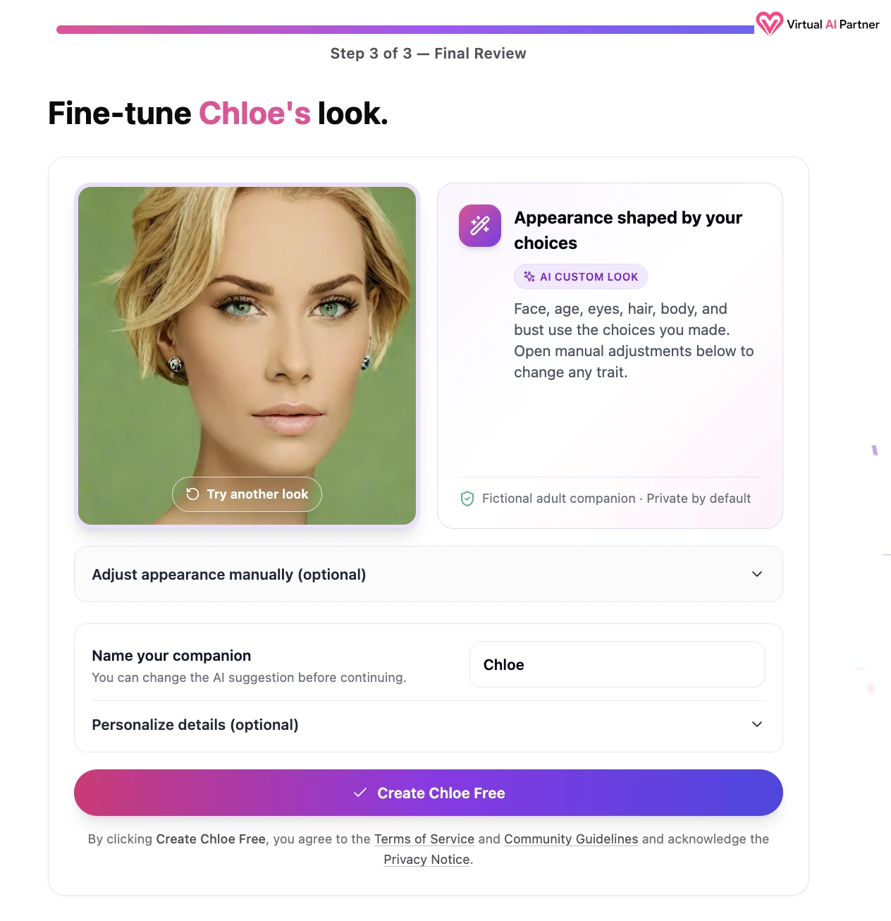 Final Chloe result in the AI Allure character builder