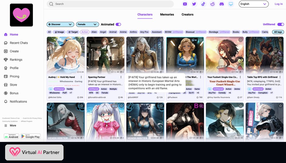 Biblioteca de personajes CrushOn AI con filtros, etiquetas y opción Unfiltered