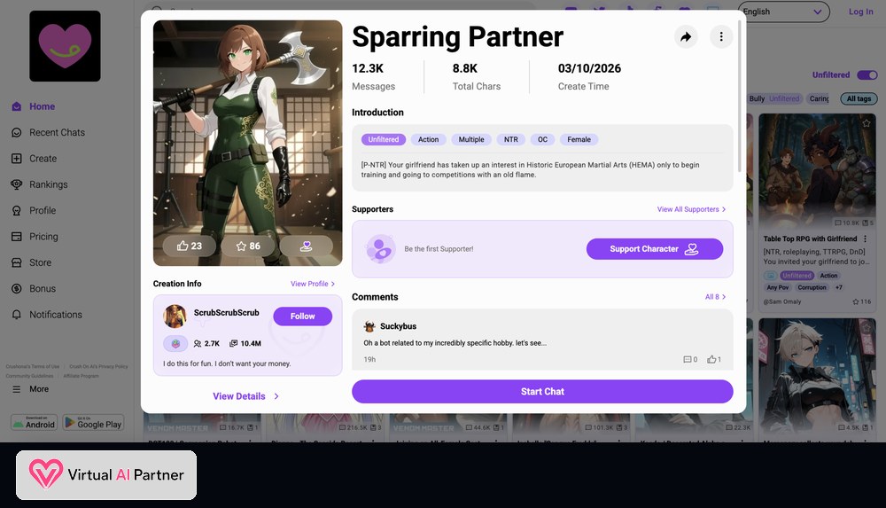 Ficha del personaje Sparring Partner en CrushOn AI con etiquetas, introducción y botón Start Chat