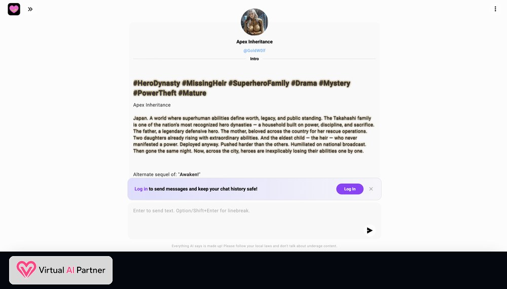 Interfaz de chat CrushOn AI con escenario Apex Inheritance e invitación para conectarse