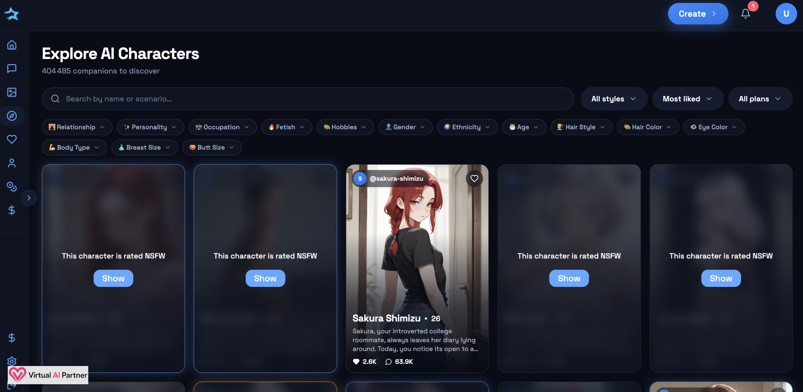 DarLink AI Explore page with NSFW characters hidden behind a Show button