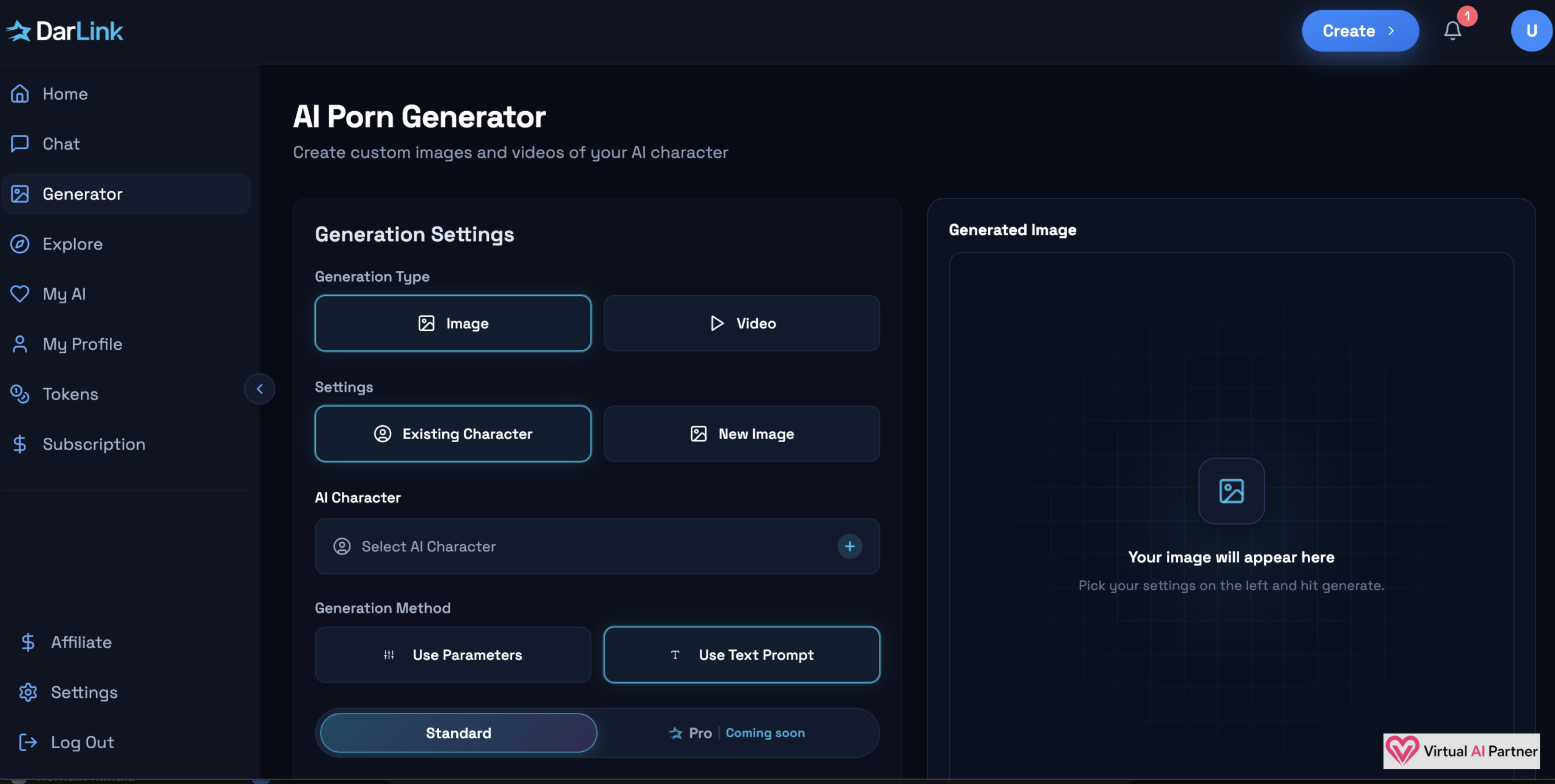 DarLink AI image and video generator settings