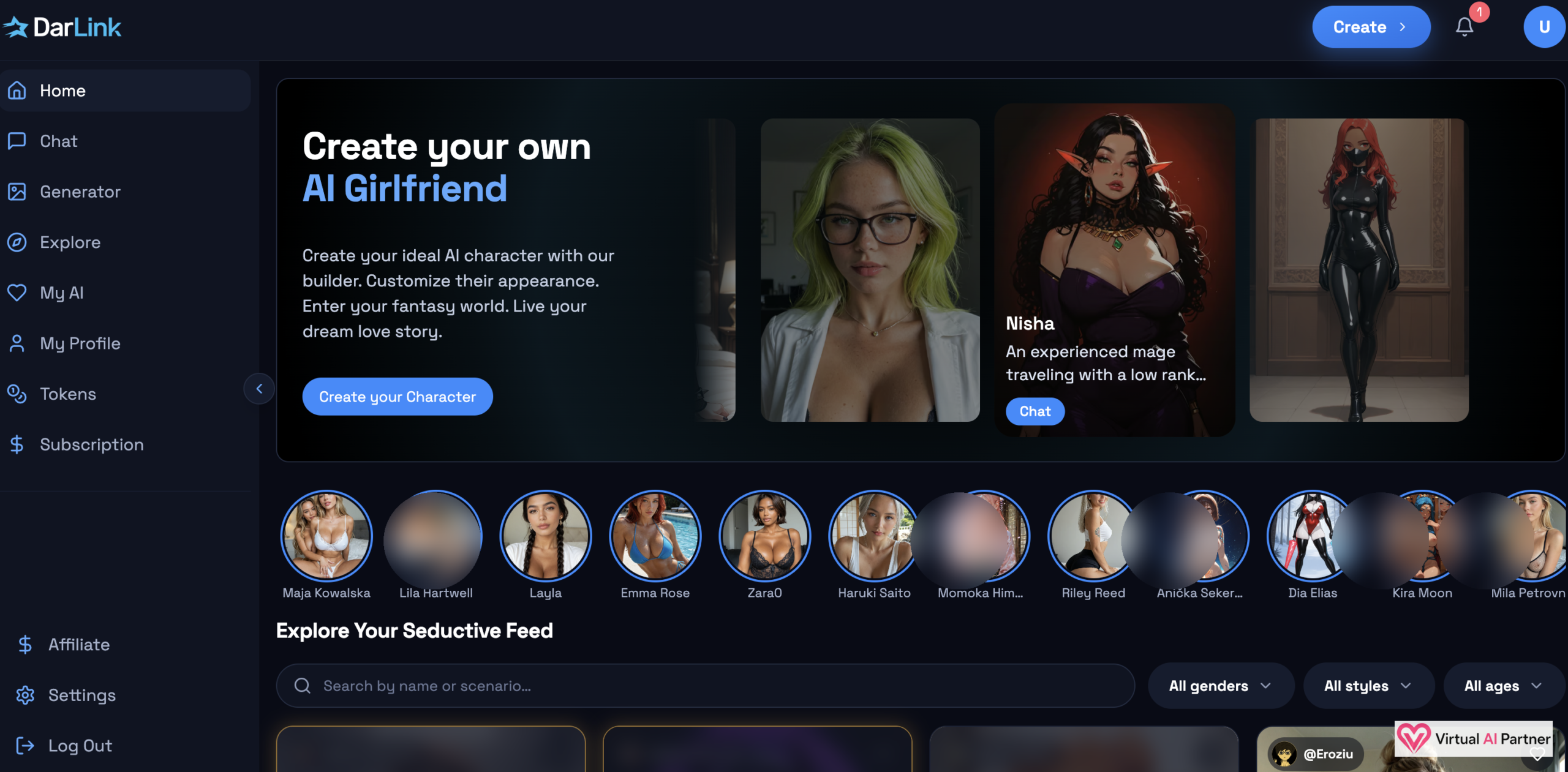 DarLink AI home page with character creation and companion feed