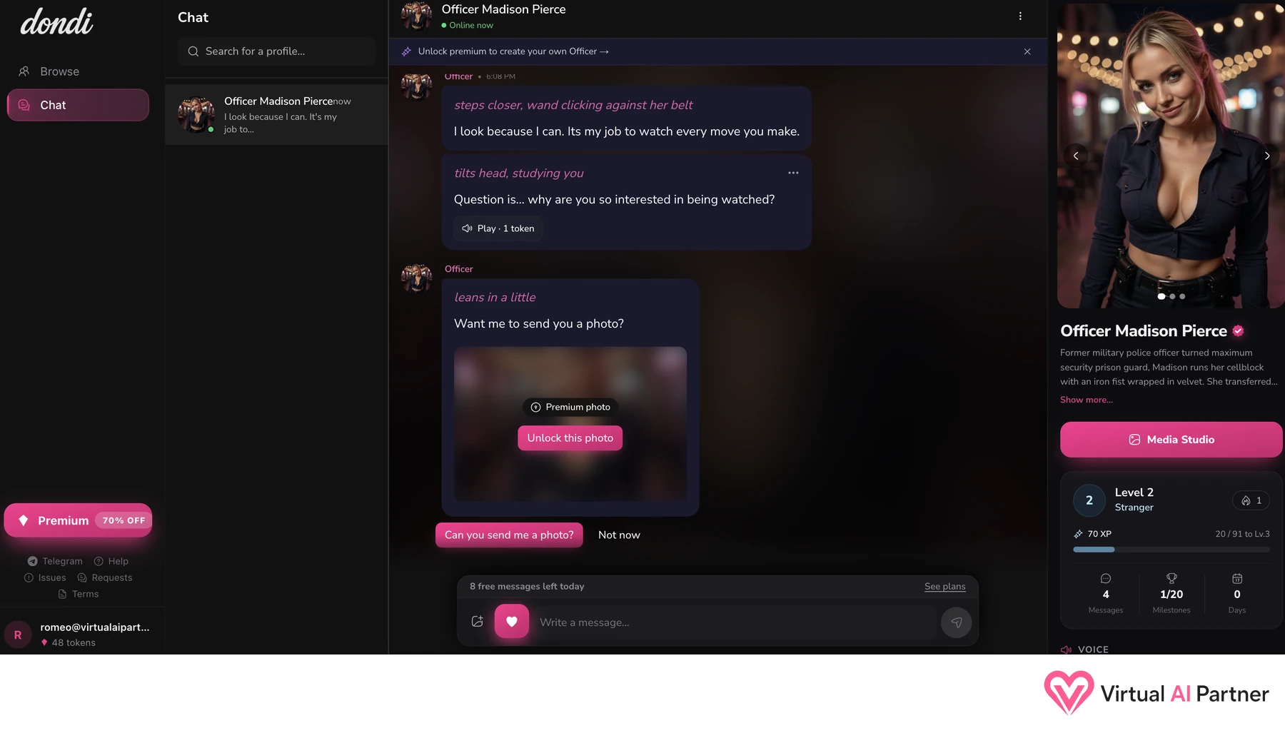 Chat Dondi AI avec Officer Madison Pierce, photo Premium et compteur de messages gratuits