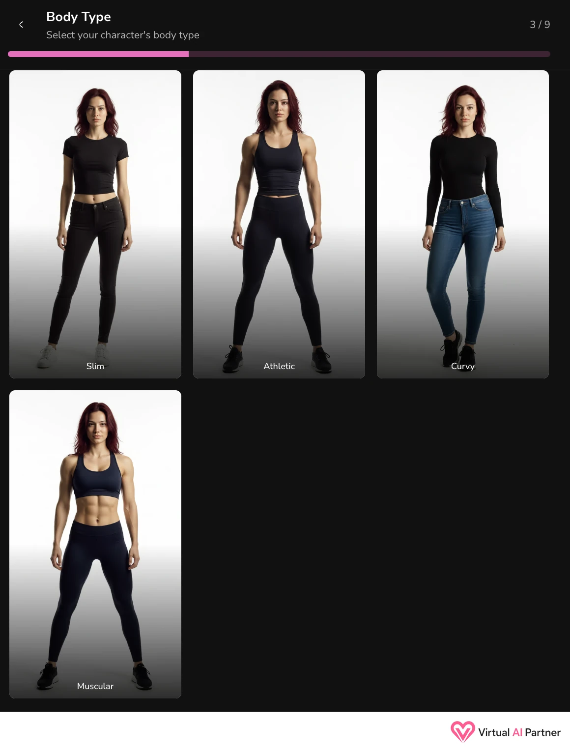 Morphologies Dondi AI avec silhouettes slim, athletic, curvy et muscular