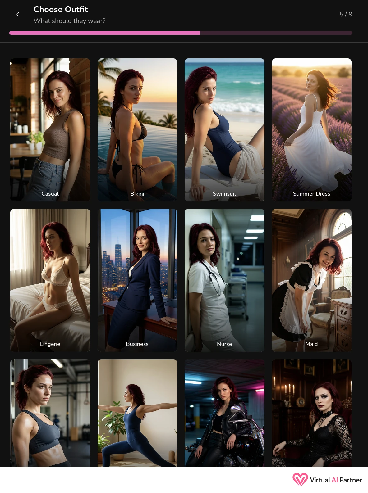 Galerie de tenues Dondi AI avec looks casual, bikini, business, nurse et roleplay