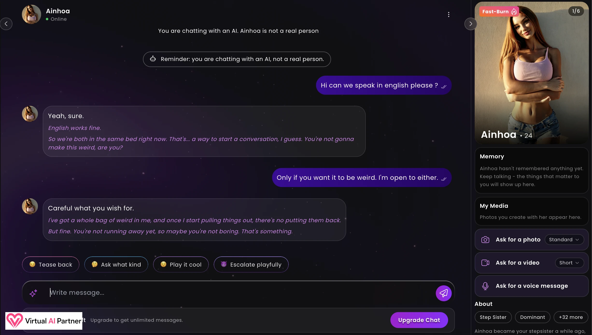Test conversation with Ainhoa on Dreamz.ai and photo video and voice controls
