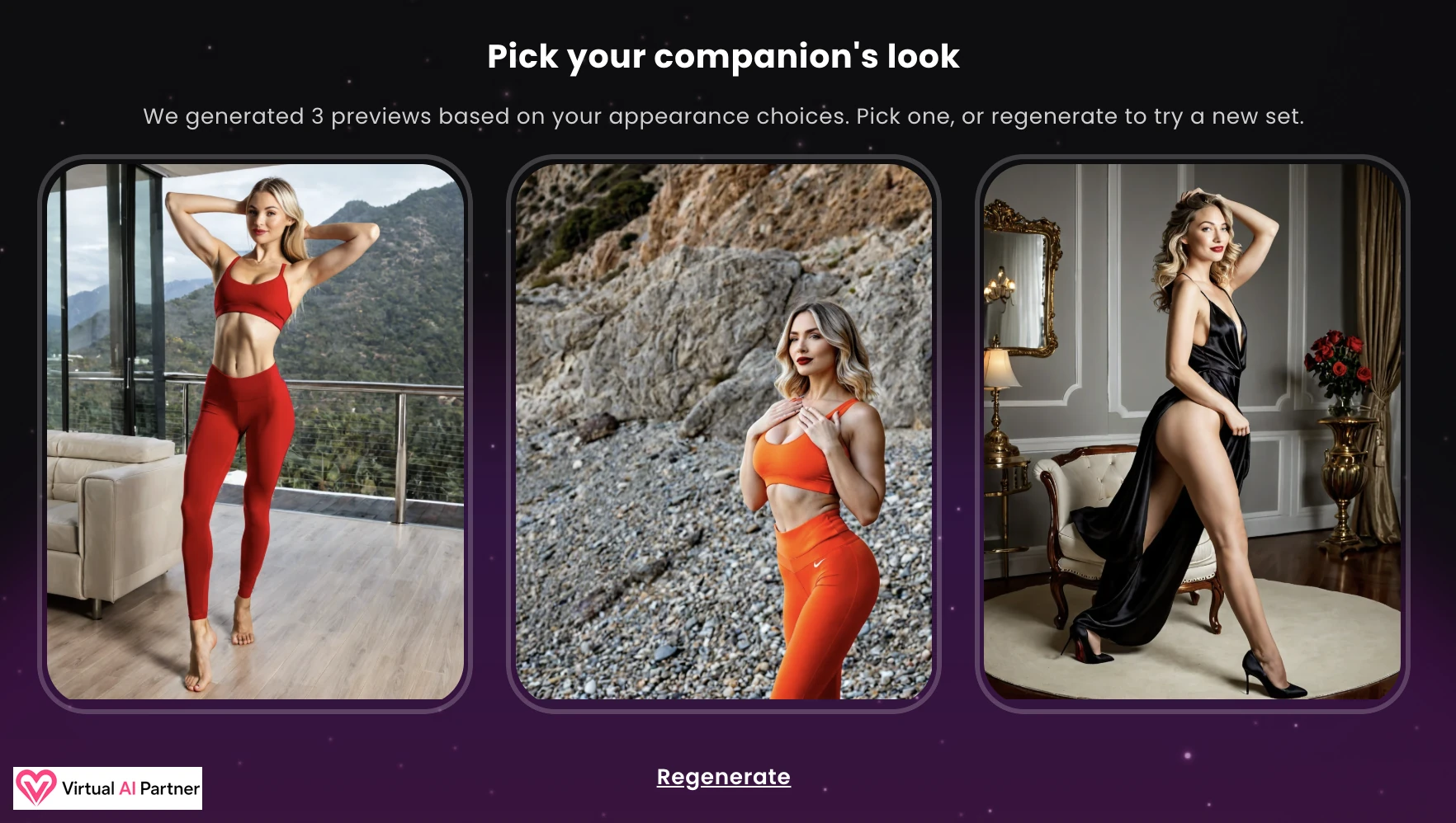 Three final look previews generated for a Dreamz.ai companion