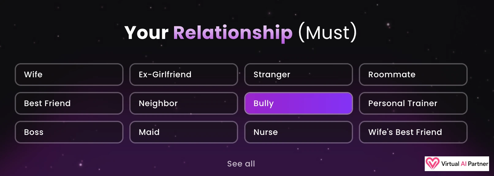Starting relationship choices in the Dreamz.ai AI companion creator