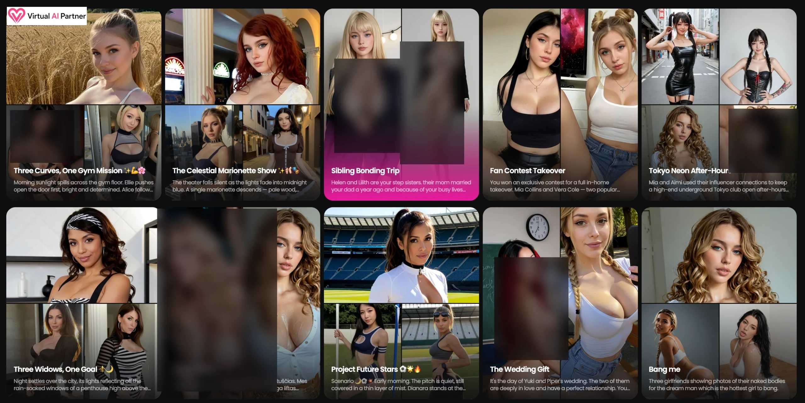 Galería de escenarios de GoLove AI con historias para adultos de varios personajes y contenido explícito muy desenfocado