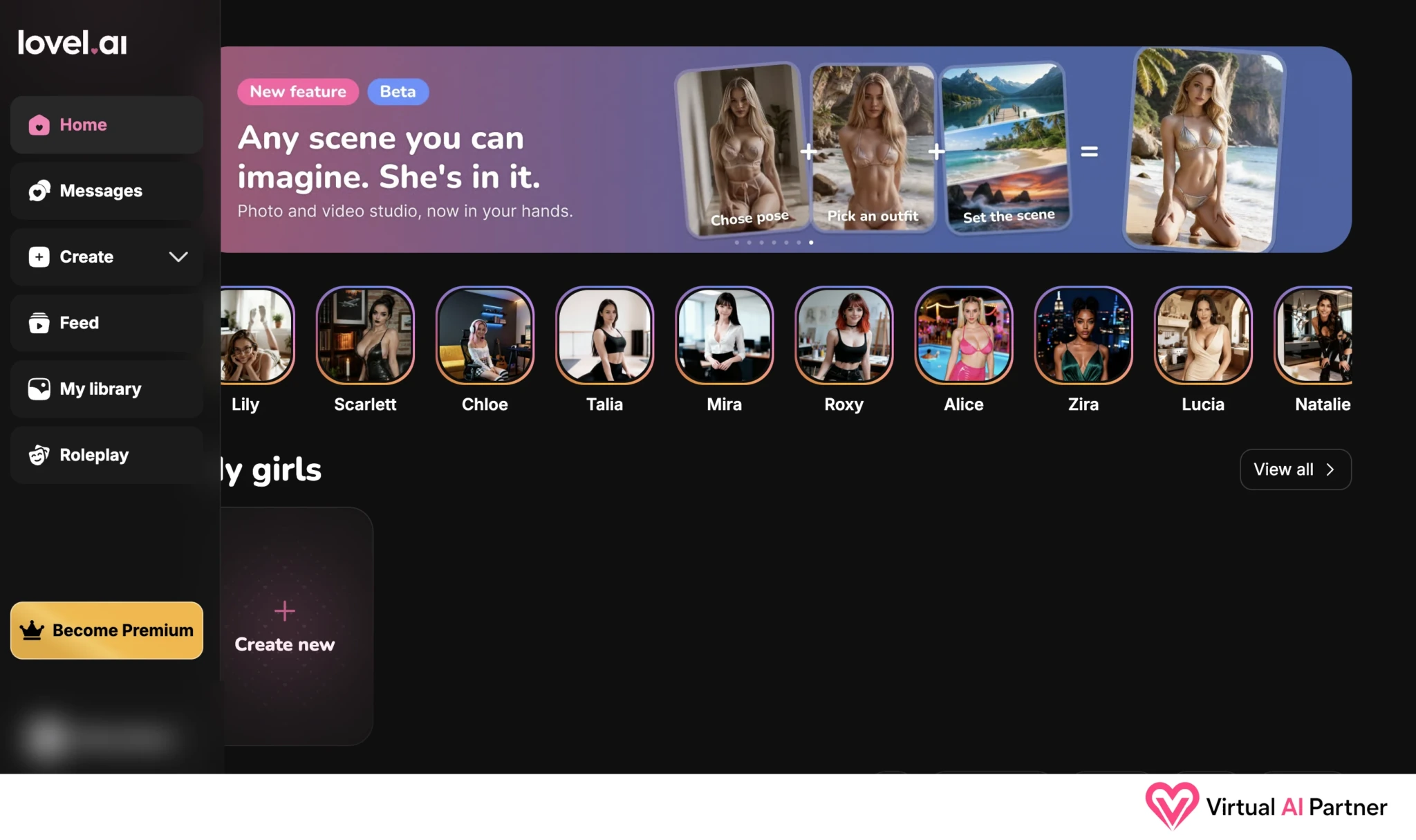 Inicio de Lovel.ai con Feed, Creator Lab y estudio de fotos y vídeos en beta