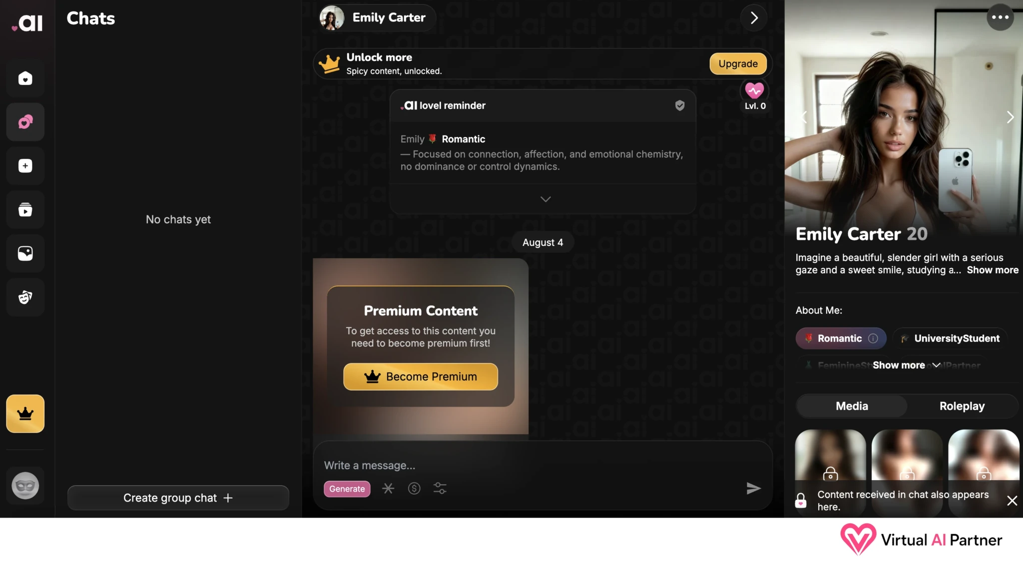 Lovel.ai chat with Emily Carter and a photo restricted to Premium members