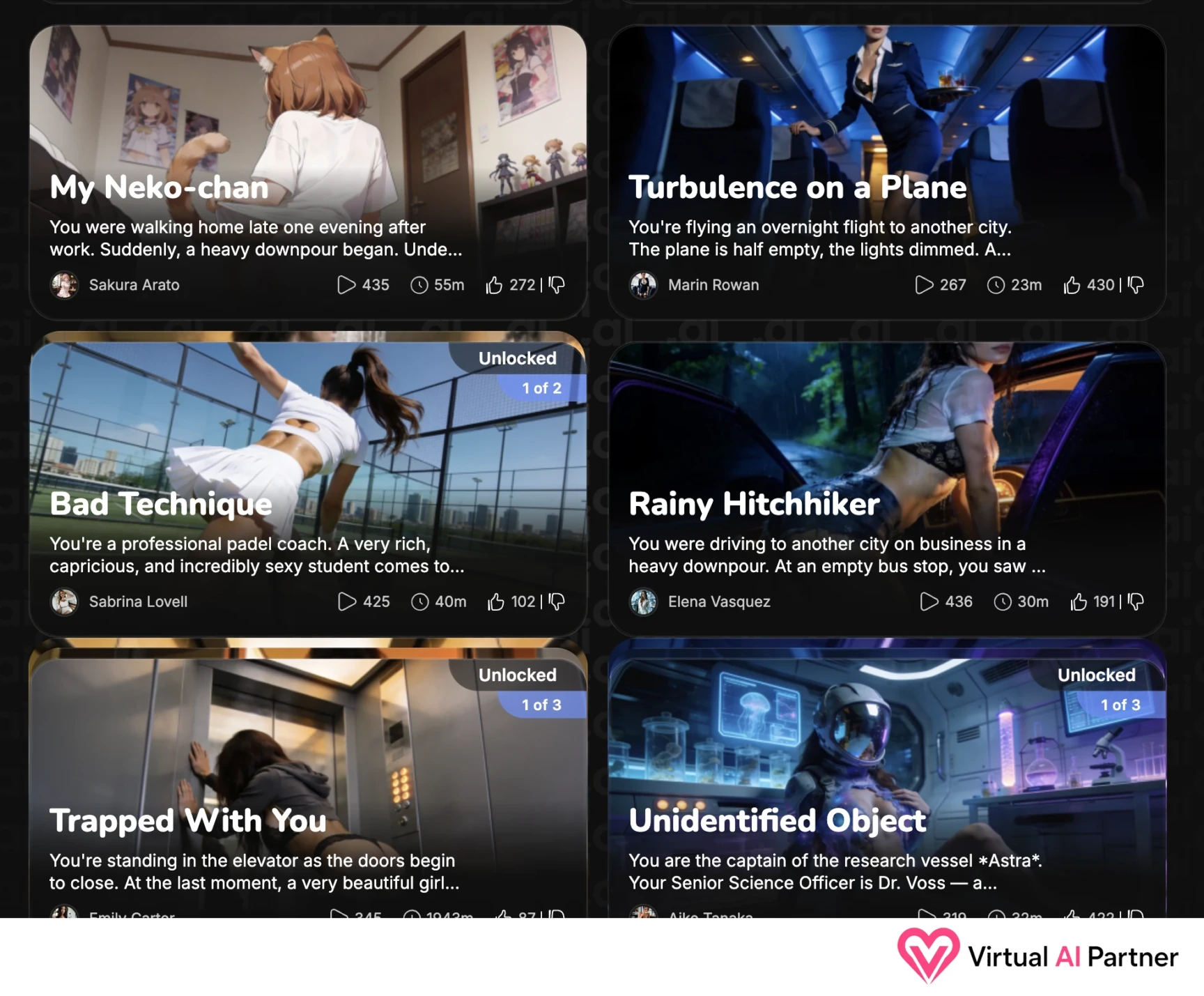 Lovel.ai roleplay catalog with anime, romance, airplane, sports, and science-fiction scenarios